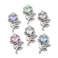 Platino Colgantes de aleación de rhinestone, encantos de la flor, con vidrio, chapado uv, color mezclado, Platino, 27x17x5.5 mm, agujero: 1.8 mm