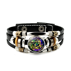 Colorful Imitation Leather Triple Lines Multi-strand Bracelets with Flat Round Links, Colorful, 8-1/8 inch(20.5cm)