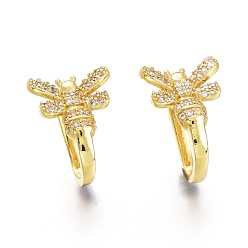 Golden Brass Micro Pave Clear Cubic Zirconia Bees Cuff Earrings, Long-Lasting Plated, Golden, 17x12x12mm