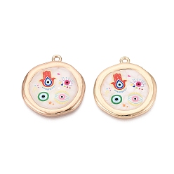 Разноцветный Печатные эмали подвески сплава, плоские круглые амулеты, амулеты в виде сглаза и руки Хамса., стойки покрытие, без кадмия и без свинца и без никеля, золотые, красочный, 33x30x2~3 мм, отверстие : 2 мм