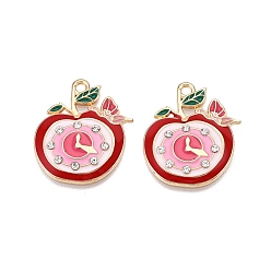 Ярко-Розовый Стойки обшивки сплава эмали подвески, со стразами, без кадмия, без никеля и без свинца, золотой свет, шарм в виде яблочных часов, ярко-розовый, 26x22.5x3 мм, отверстие : 2 мм