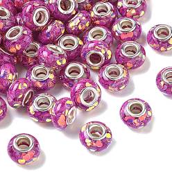 Желтая Старая Ткань  Прозрачные европейские бусины-рондель из смолы, с пайетками в форме сердца и латунными сердечниками платинового тона, бусины с большим отверстием, старое кружево, 14x8.5 мм, отверстие : 5 мм