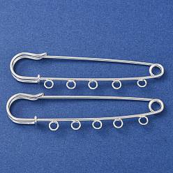 Plata Imperdibles de hierro, piezas para broches, Alfileres para falda escocesa con cinco presillas, chapado en rack, plata, 22x80x6 mm, agujero: 3.5 mm