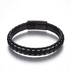 Черный Цвет Металла Кожаные браслеты плетеного шнура, с 304 из нержавеющей стали магнитные застежки, чёрные, металлический черный , 8-7/8 дюйм (22.5 см), 11.5 мм