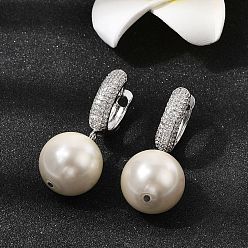 Платина Круглые серьги-кольца из латуни с микропаве из прозрачных кубических цирконий, с подвесками из стеклянных жемчужин, долговечный, стойки покрытие, без свинца и без кадмия, платина, 37x15.8 мм