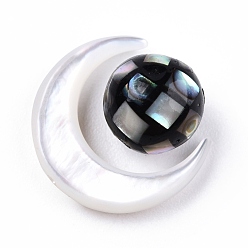 Black Lip Shell Natural White Shell Beads, with Natural Black Lip Shell Beads, Moon with Round, Moon: 15x12.5x3.5mm, Round: 8mm, Hole: 0.8mm, about 2pcs/set