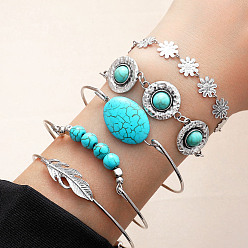 Бирюза 5шт. 5 стили браслетов из цинкового сплава и смолы с имитацией бирюзы и звеньев, Набор браслетов-цепочек для женщин, цветок и перо, бирюзовые, 6.57 дюйм (16.7 см)