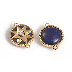 Ляпис-Лазурь Соединители из натурального лазурита, с золочеными латунными находками и кубическим цирконием, долговечный, плоские круглые со звездой, 18.5x14x6.5 мм, отверстие : 1.2 мм