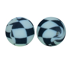 Черный Круглые бусины из пищевого силикона с черно-белым квадратным принтом и узором, чёрные, 15 мм