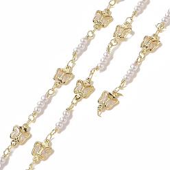 Golden Rack Plating Brass Butterfly Link Chains, with Plastic Pearl Beaded, Unwelded, with Card Paper, Golden, 11x7x2mm