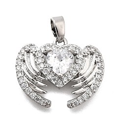 Прозрачный Латунные микро проложить кубического циркония подвески, Сердце и крыло, платина, прозрачные, 16x20x5.5 мм, отверстие : 5x2.5 мм