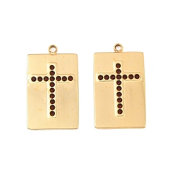 Smoked Topaz 304 Stainless Steel Rhinestone Pendants, Rectangle with Cross Pattern Charms, Ion Plating(IP), Real 18K Gold Plated, Smoked Topaz, 22x13x1.5mm, Hole: 1.5mm