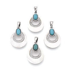 Платина Подвески из искусственной бирюзы с белыми ракушками, Подвески в форме капли с латунными микропаве из прозрачных кубических цирконий., платина, 20.5x15x3.5~4 мм, отверстие : 5x2 мм
