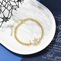 Луна Браслеты с подвесками из латуни с прозрачным кубическим цирконием, браслеты из кубинской цепочки для женщин, реальный 18 k позолоченный, луна, 7-1/4 дюйм (18.3 см)