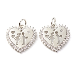 Платина Кулоны из латуни с микропаве, прозрачные фианиты, тема дня святого валентина, без кадмия и без свинца, сердце с парой, платина, 20x16x2 мм, отверстие : 3.5 мм
