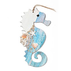 Light Sky Blue Natural Wood Pendant Decorations, with Hemp Cord, Sea Horse, Light Sky Blue, 300x152x5mm, Hole: 5.5mm