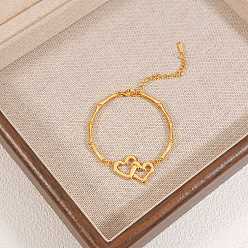 Золотой 304 Браслеты из нержавеющей стали в форме бамбука для женщин, Двойное сердце, золотые, 5.71 дюйм (14.5 см)