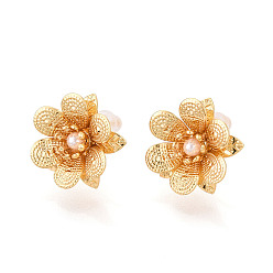 Настоящее золото 18K Серьги-гвоздики из искусственного жемчуга из латуни и АБС-пластика, цветок, без никеля , реальный 18 k позолоченный, 15x15 мм