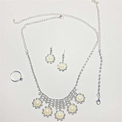 Кремово-белый Комплекты из браслетов, серег, ожерелий и колец из сплава со стразами и искусственным жемчугом для женщин, цветок, кремово-белые, 450 мм