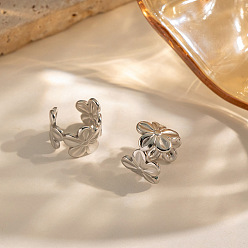 Stainless Steel Color 304 Stainless Steel Cuff Earrings for Women, Flower, Stainless Steel Color, 12x10mm