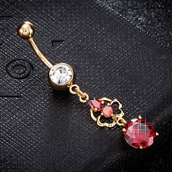 Rot Messing Zirkonia Nabel Ring, Bauchringe, mit 304 Edelstahlleiste, cadmiumfrei und bleifrei, echt 18 k vergoldet, Blume mit flachen, runden, rot, 49x9 mm, Stange: 15 Spurweite(1.5mm), Stangenlänge: 3/8"(10mm)