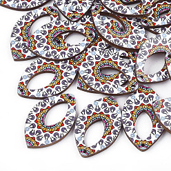 Creamy White Printed Basswood Pendants, Back Random Color, Horse Eye, Creamy White, 34.5x21.5x3mm, Hole: 1.5mm