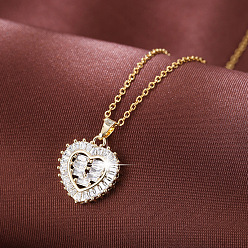 Golden Valentine's Day Brass Pave Clear Cubic Zirconia Love Heart Pendant Necklaces for Women, Golden, 14.96 inch(38cm)