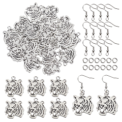 Platinum & Silver DIY Earring Making Kits, Including 30Pcs Tibetan Style Tiger Pendants, 50Pcs Brass Jump Rings, 50Pcs Iron Earring Hooks , Platinum & Silver, 27x24x2mm, Hole: 3mm