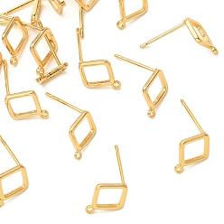 Real 18K Gold Plated SHEGRACE Brass Stud Earring Findings, Rhombus, with Loop, Cadmium Free & Lead Free & Nickel Free, Real 18K Gold Plated, 11x9mm, Hole: 1mm, Pin: 0.7x11mm