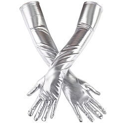 Серебро Длинные перчатки из искусственной кожи, металлические перчатки для женского костюма для косплея, серебряные, 560x100x2.5 мм