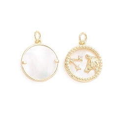 Телец Латунные микро проложить кубического циркония подвески, с натуральной оболочкой и прыжковым кольцом, плоские круглые с двенадцати созвездий, золотые, Телец, 17.5x15x2.5 мм, отверстие : 3.5 мм