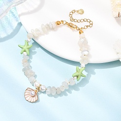 Лунный Камень Браслеты из бусин из натурального лунного камня, морской звезды, искусственной бирюзы и ракушечного жемчуга, браслеты с подвесками из цинкового сплава и эмалированными ракушками, 7-7/8 дюйм (20 см)