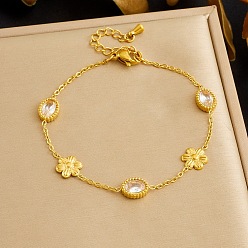 Цветок 304 браслеты из нержавеющей стали с прозрачными циркониевыми звеньями, браслеты-цепочки для женщин, золотые, цветок и овал, 6.30 дюйм (16 см)