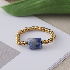 (306FM) Жонкиль матовый с лаймовой подкладкой Регулируемые кольца из натуральной голубой яшмы с бусинами из нержавеющей стали, золотые, внутренний диаметр: регулируемый