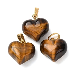 Тигровый глаз Природных тигровый глаз подвески, подвески-сердечки с латунными застежками на порожках, золотые, 17x17.5x11 мм, отверстие : 6.5x4 мм