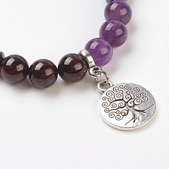 Mixed Stone Chakra Jewelry, Natural Mixed Stone Beads Charm Bracelets, with Alloy Findings, Flat Round with Tree, 2-1/8 inch(5.5cm), Pendant: 20x15x2mm
