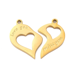 Золотой 304 стали сплит подвески из нержавеющей, слева и справа, прелести для пар, Сердце с любовью к тебе и очарованием скучаю по тебе, золотые, 20~22x13~14x2 мм, отверстие : 1.6 мм, 2 шт / комплект