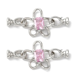 Platine Placage en rack, pavé de laiton, verre rose, fermoirs déployants, sans cadmium et sans plomb, plaqué longue durée, fleur, platine, fleur: 22x19x5.5 mm, 4 mm de diamètre intérieur , fermoir: 13x7.2x5.7 mm, Trou: 1mm, 4 mm de diamètre intérieur 