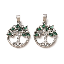 Platinum Brass Micro Pave Green Cubic Zirconia Pendants, Round with Tree of Life Charms, Platinum, 18.5x16.5x3.5mm, Hole: 2x4.5mm