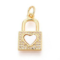 Настоящее золото 18K Латунные микропаве прозрачные подвески с фианитом, без кадмия и без свинца, с оболочкой, замок и сердце, с целью перехода в кольце, реальный 18 k позолоченный, 18x10x2 мм, отверстие : 3 мм