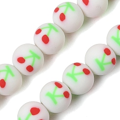 White Handmade Polymer Clay Beads Strands, Round with Cherry, White, 8mm, Hole: 1.2mm, about 40pcs/strand, 12.20''(31cm)