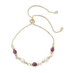 Тигровый глаз Браслеты из круглых бусин из окрашенного и нагретого натурального тигрового глаза и ракушечного жемчуга, браслеты-слайдеры с цепочкой из латуни для женщин, камелия, 12-1/4 дюйм (31 см)