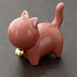 Dark Salmon Ceramic Cat Figurines with Bell, for Home Office Desktop Decoration, Dark Salmon, 70x33x56mm
