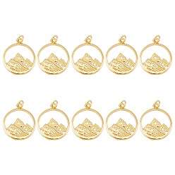 Chapado en Oro Real 18K 10 piezas colgantes de latón, con anillo de salto, larga duración plateado, plano redondo con montaña de los Alpes, real 18 k chapado en oro, 23.5x20x2 mm, agujero: 3 mm, anillo de salto: 5x0.8 mm