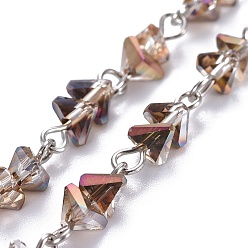 Темный Хаки Цепочки из гальванического стекла с бусинами ручной работы, несварные, с платиновым тоном, Темный хаки, 15x6 мм, 39.37 дюйм (1 м) / прядь