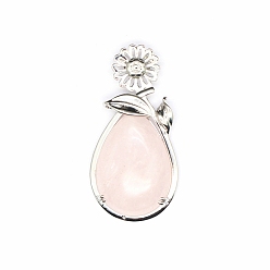 Rose Quartz Natural Rose Quartz Pendants, Teardrop Charms with Sunflower, 42x24x6mm