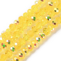 Желтый Гальванизируйте прозрачное стекло бисер нитей, рондель, с покрытием AB цвета, с половиным покрытием, граненые, желтые, 4x3 мм, отверстие : 1 мм, около 145~148 шт / нитка, 17.83~18.31'' (45.3~46.5 см)