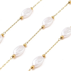 Настоящее золото 18K Ионное покрытие (ip) 304 цепи для канцелярских скрепок из нержавеющей стали, пайки, с abs имитационными жемчужными бусинами , овальные, реальный 18 k позолоченный, 10x6.5x3.5 мм, около 16.40 футов (5 м) / рулон