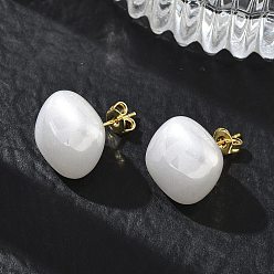 Blanc Boucles d'oreilles puces en laiton et plastique ABS imitation perle pour femmes, carrée, plaqué longue durée, crémaillère plaquage, sans plomb et sans cadmium, or, blanc, 14x14mm