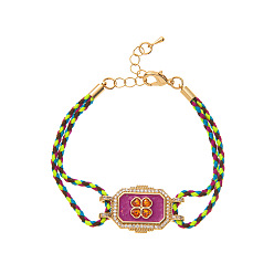 Средний Фиолетово-красный Браслеты из латуни с инкрустацией кубическим цирконием., украшения из хлопкового шнура для женщин, прямоугольник с клевером, с эмалью, золотые, средне фиолетовый красный, 6.30 дюйм (16 см)